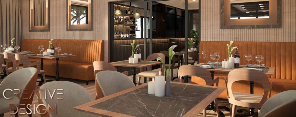 prikaz uređenja interijera restorana s naglaskom na drvene stolice i tapecirani separe