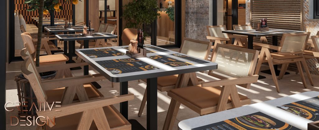 prikaz uređenja interijera restorana s naglaskom na drvene stolice i stolove s metalnim detaljima