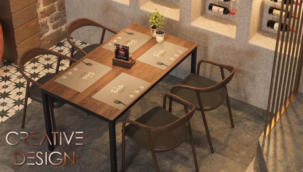 prikaz uređenja dijela restorana s naglaskom na drveni stol i drvene stolice