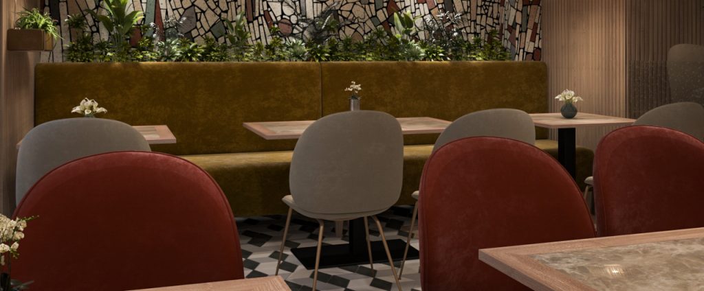 prikaz uređenja interijera restorana s naglaskom na tapecirane stolice i separe sa zlatnim detaljima