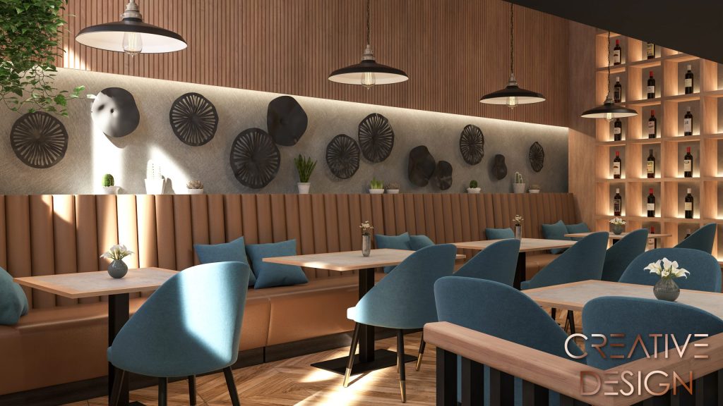 prikaz uređenja interijera restorana s pogledom na separe i stolove