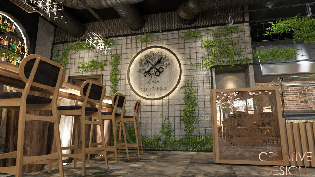 prikaz uređenja interijera restorana s naglaskom na šank i barske drvene stolice